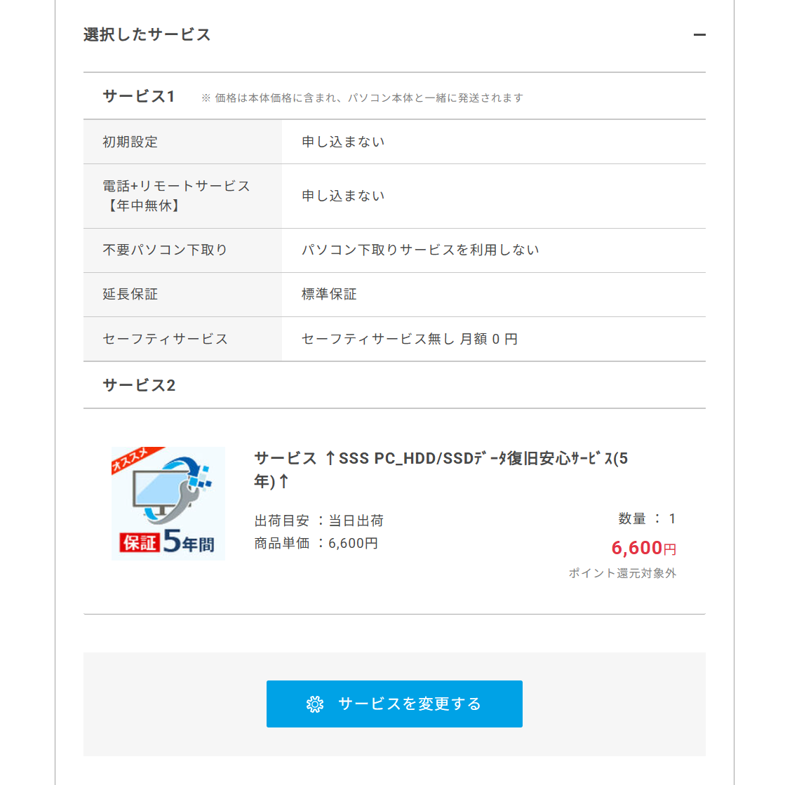 ドスパラ　データ復旧安心サービス 購入直前選択画面