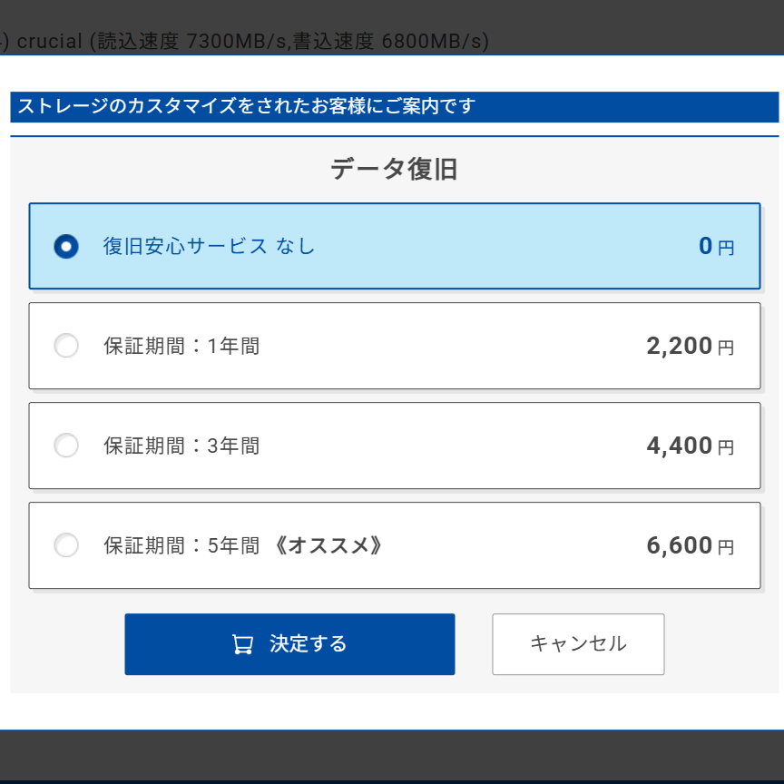 ドスパラ　データ復旧安心サービス カスタマイズ選択画面
