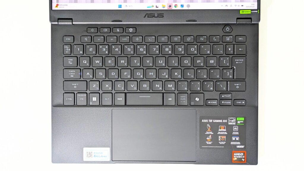 ASUS TUF Gaming A14 FA401KM　キーボード　俯瞰画像